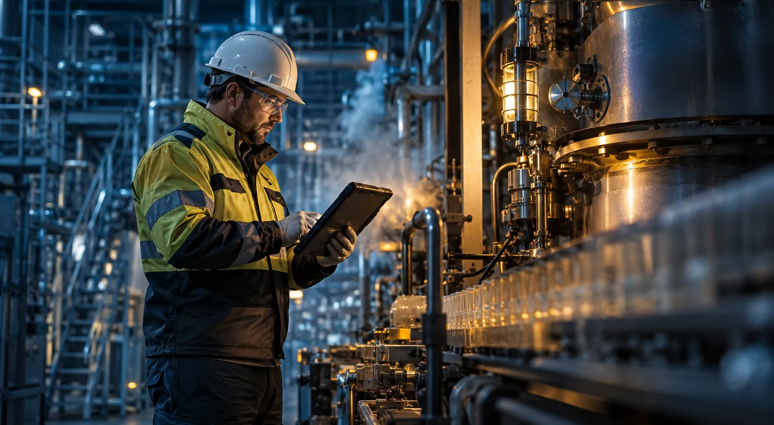 Technician inspecting an industrial production line
